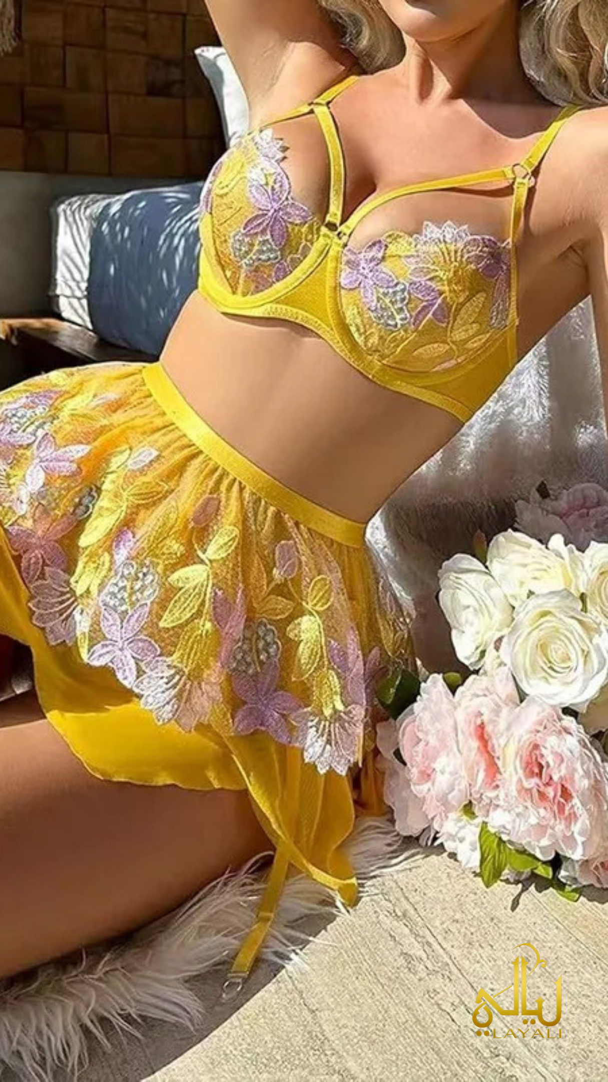 Ensemble 💛 3 Pièces – Fleurs Brodées & Éclat Soleil