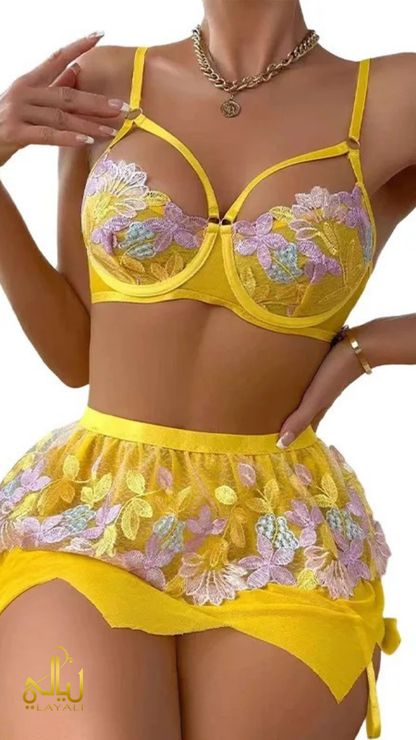Ensemble 💛 3 Pièces – Fleurs Brodées & Éclat Soleil