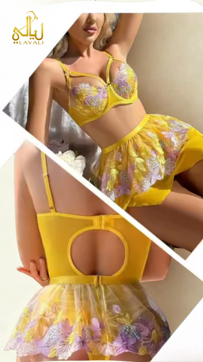 Ensemble 💛 3 Pièces – Fleurs Brodées & Éclat Soleil